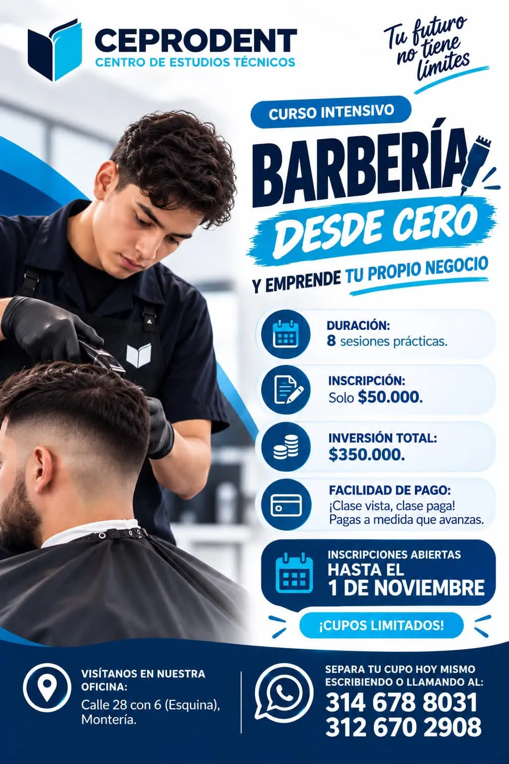 Pieza del curso intensivo Barbería desde cero: un barbero hace un corte degradado.