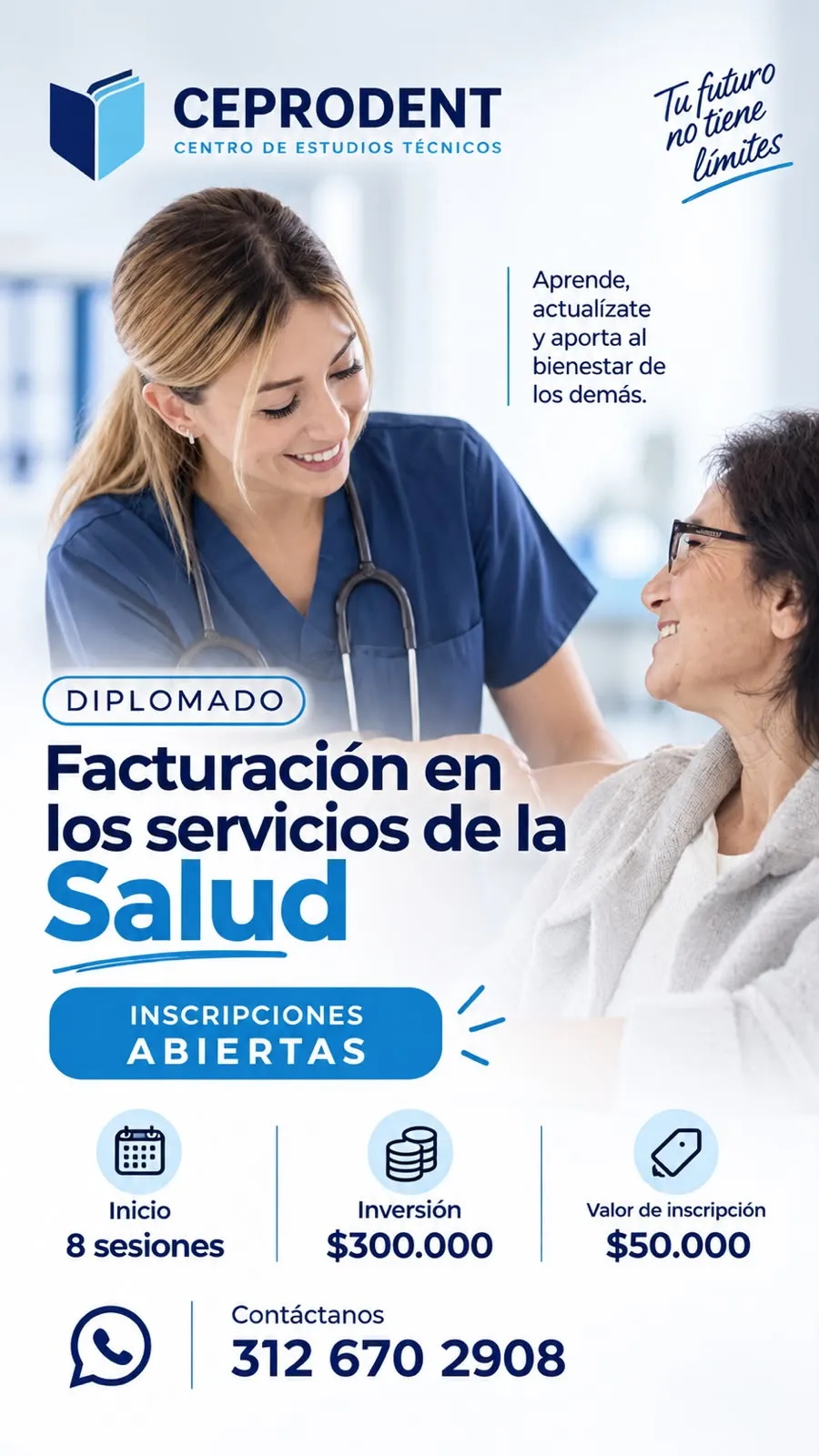 Pieza del Diplomado en Facturación en los servicios de la salud: una auxiliar de enfermería sonríe a una paciente.
